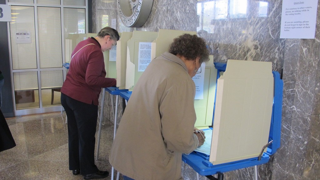 Voters cast their ballots at the Zeidler Municipal Building on the first day of early voting. (Photo by Andrea Waxman)