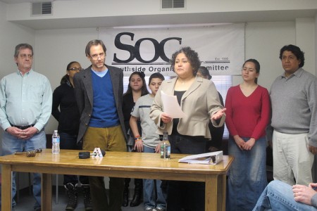 Steve Fendt (in blue sweater) often held press conferences featuring local legislators including State Rep. JoCasta Zamarripa to draw attention to policy issues. (Photo by Edgar Mendez)