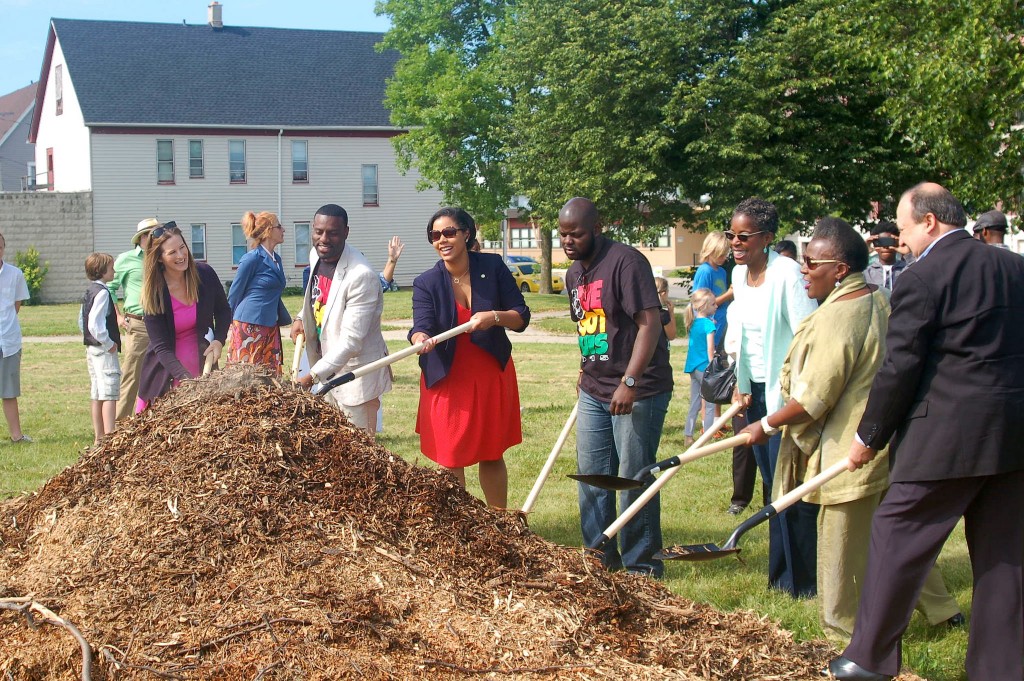 Representatives from government and community organizations break ground on the renovated Johnsons Park. (Photo by Allison Dikanovic)