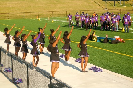 Bradley Tech’s cheerleaders brought their school spirit to the season opener at South Stadium. (Photo by Allison Dikanovic)