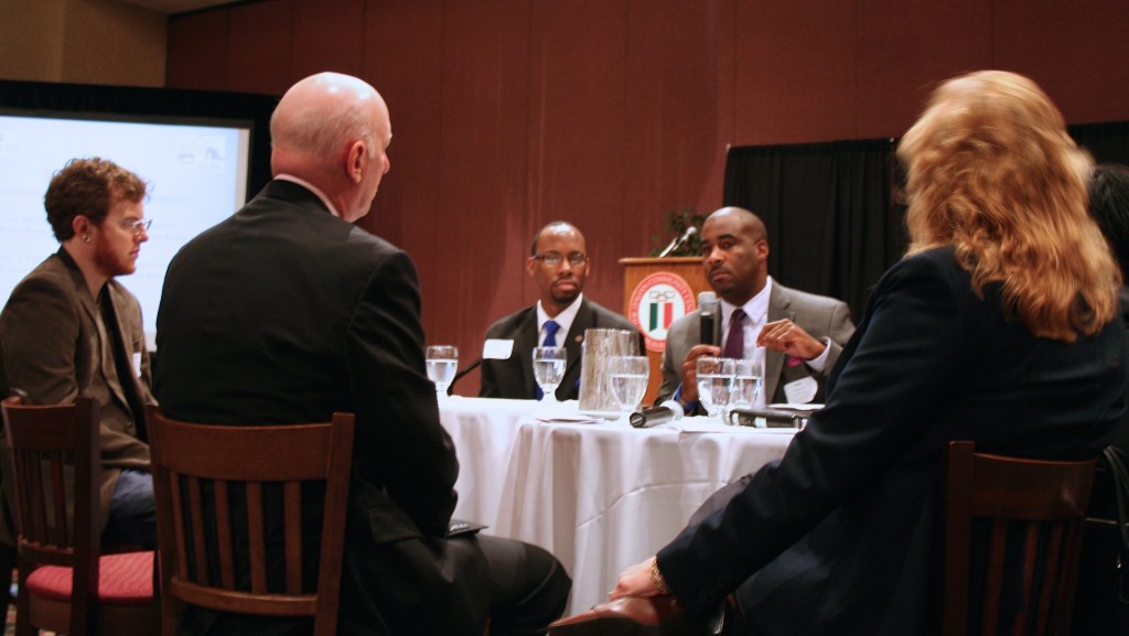 Kalan Haywood Sr., founder and president of the locally headquartered developer Vangard Group, speaks during the “fishbowl” discussion. (Photo by Jabril Faraj)