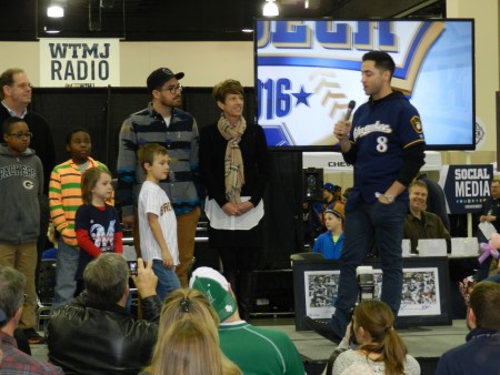 Milwaukee Brewer Ryan Braun (holding microphone) helps announce the new book at a recent Brewers On Deck event, while Doug Erlacher (left), Adam Carr, Lynda Kohler and invited children look on. (Photo courtesy of Sharp Literacy)
