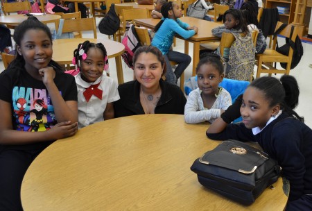 Lila Saavedra gathers with pupils from 53rd Street Elementary School.