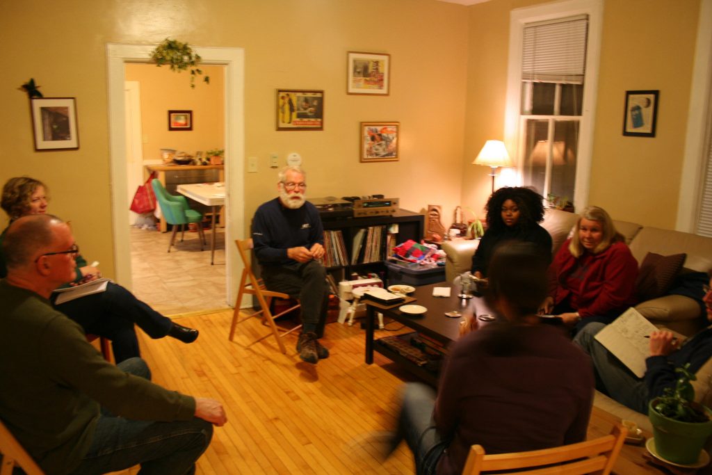 Ex Fabula fellows and other storytellers gather in McGee's first floor apartment. (Photo by Jabril Faraj)