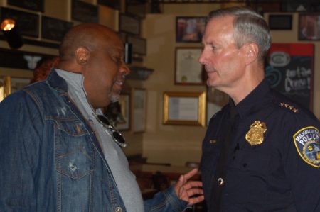 Police Chief Ed Flynn talks to TMJ 4's Andrew Triplett after a Q&A session. (Photo by Naomi Waxman)