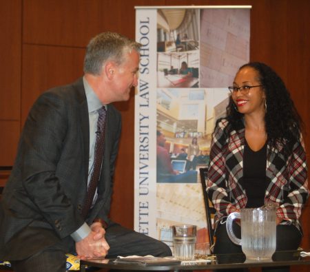 Kimberley Motley chats with Mike Gousha before her "On The Issues" interview. (Photo by Andrea Waxman)