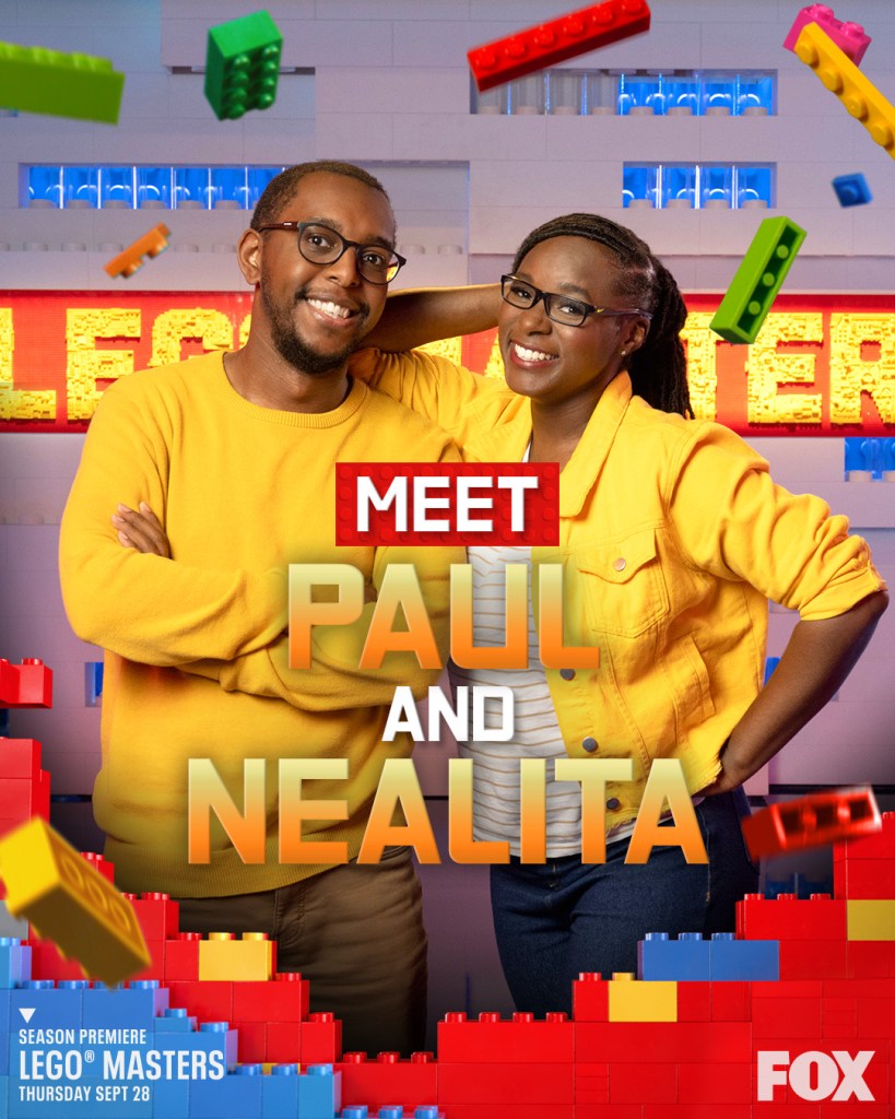 Two people wearing glasses and yellow shirts stand among large building blocks in a promotional graphic with text reading