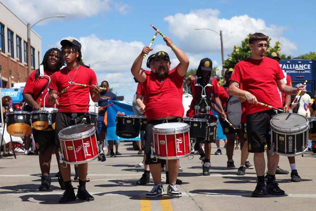 A drum line performs during the 55th Juneteenth Jubilee Parade on Friday, June 19, 2026 in Milwaukee. (Photo by Jonathan Aguilar / Milwaukee Neighborhood News Service / CatchLight Local)