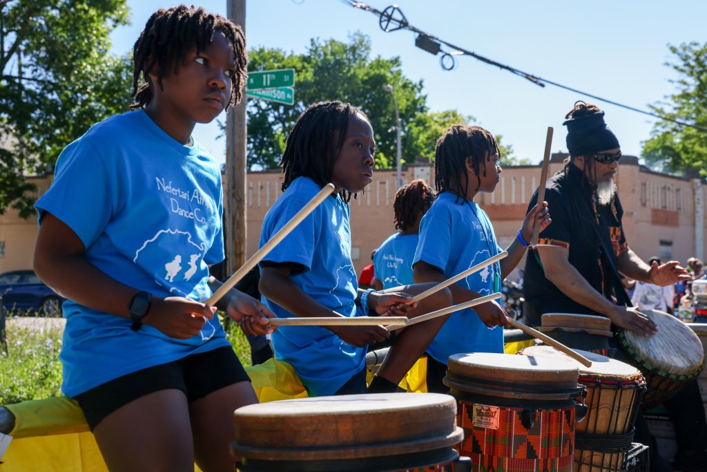 Drummers perform during the 55th Juneteenth Jubilee Parade on Friday, June 19, 2026 in Milwaukee. (Photo by Jonathan Aguilar / Milwaukee Neighborhood News Service / CatchLight Local)