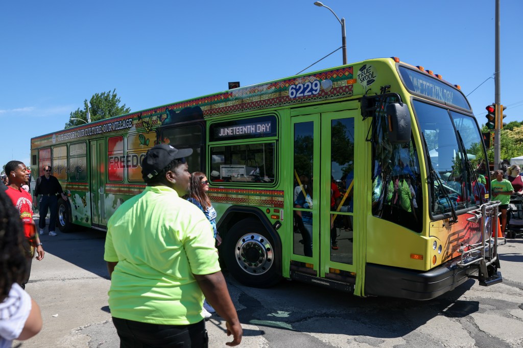 The Juneteenth bus drives down the 55th Juneteenth Jubilee Parade on Friday, June 19, 2026 in Milwaukee. (Photo by Jonathan Aguilar / Milwaukee Neighborhood News Service / CatchLight Local)