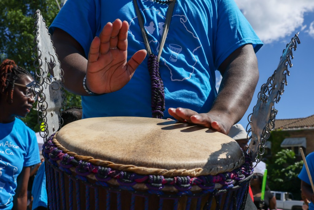 A performer drums during the 55th Juneteenth Jubilee Parade on Friday, June 19, 2026 in Milwaukee. (Photo by Jonathan Aguilar / Milwaukee Neighborhood News Service / CatchLight Local)