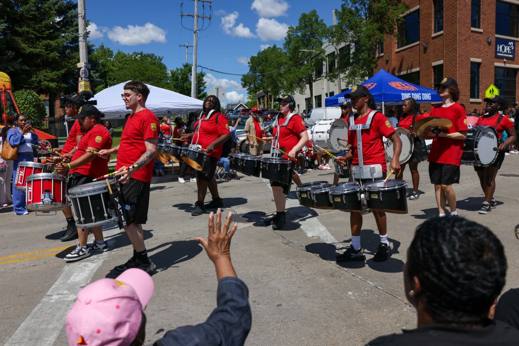A drum line performs during the 55th Juneteenth Jubilee Parade on Friday, June 19, 2026 in Milwaukee. (Photo by Jonathan Aguilar / Milwaukee Neighborhood News Service / CatchLight Local)