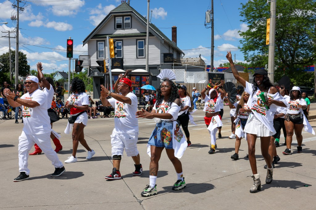 People dance during the 55th Juneteenth Jubilee Parade on Friday, June 19, 2026 in Milwaukee. (Photo by Jonathan Aguilar / Milwaukee Neighborhood News Service / CatchLight Local)